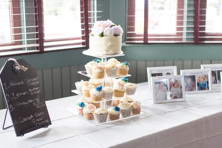 Reception dessert table with cupcake tower and flavor chalkboard