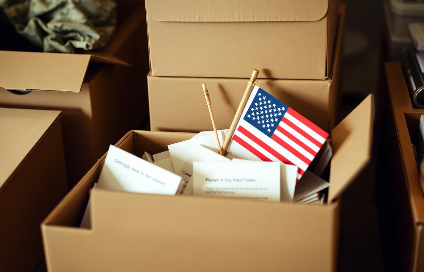 Care packages and handwritten letters being boxed for deployed soldiers